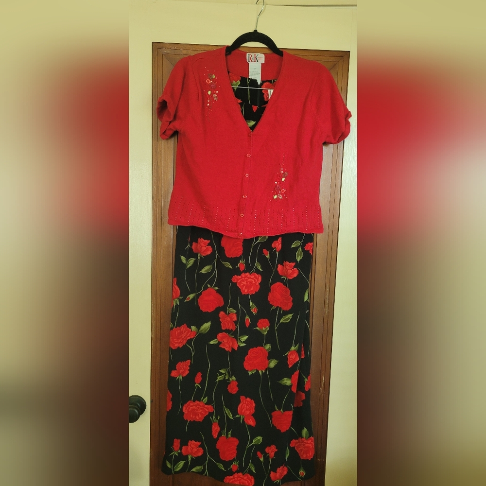 Floral Black and Red Tank Floral Dress With Matching Sweater Set #12